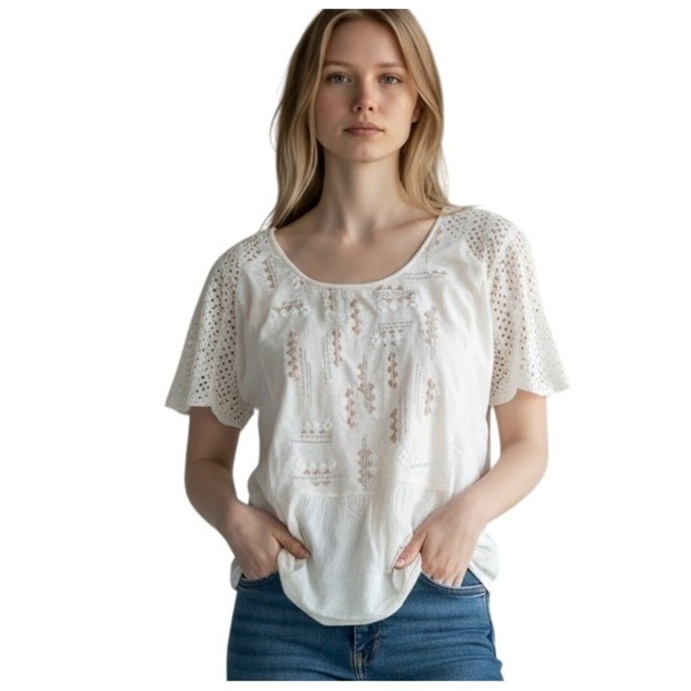 Miss Me Embroidered Cap Sleeve‎ Tie Back Cream Blouse Bohemian Hippie 70s LARGE
